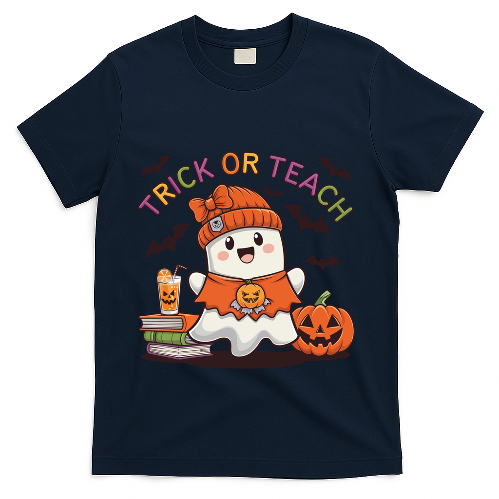 Trick Or Teach Back To School Cute Ghost Halloween Teachers Gift T-Shirt - Navy
