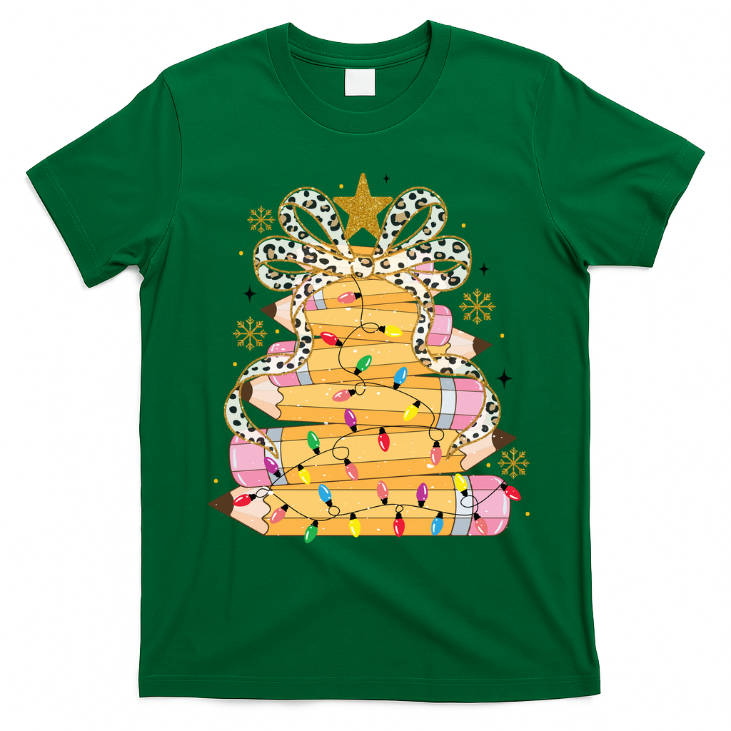 Teacher Pencil Christmas Tree T-Shirt - Irish Green