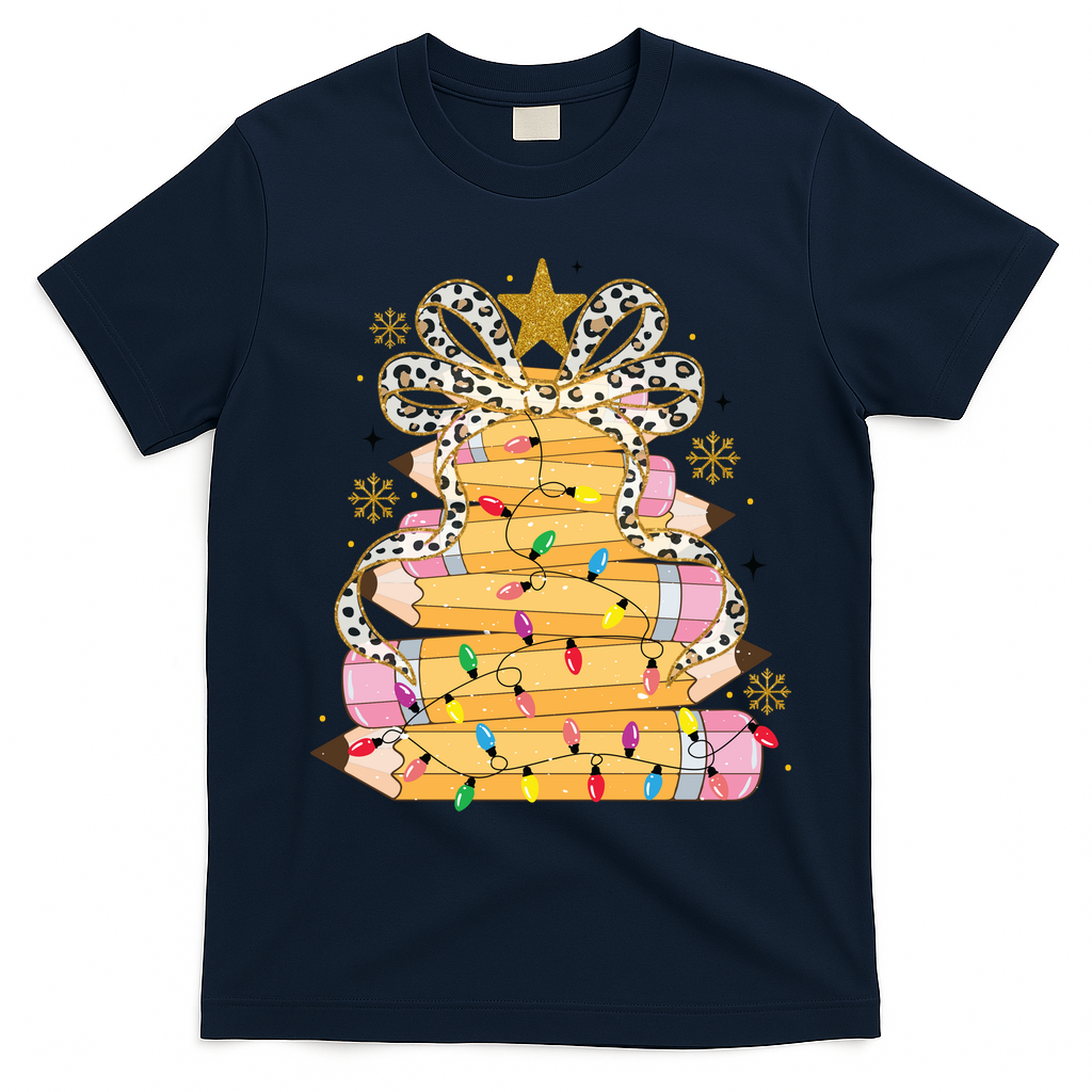 Teacher Pencil Christmas Tree T-Shirt - Navy Blue