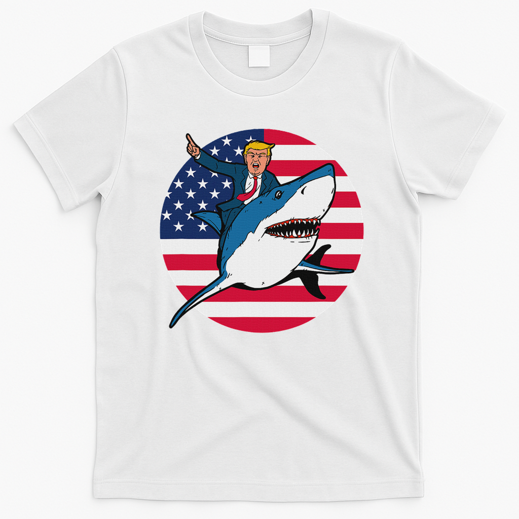 Trump President For Women Gifts Girl Men Kids Riding Shark T-Shirt - White