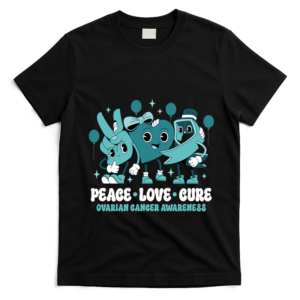 Teal Ribbon Survivor Groovy Ovarian Cancer Awareness Gift T-Shirt - Black