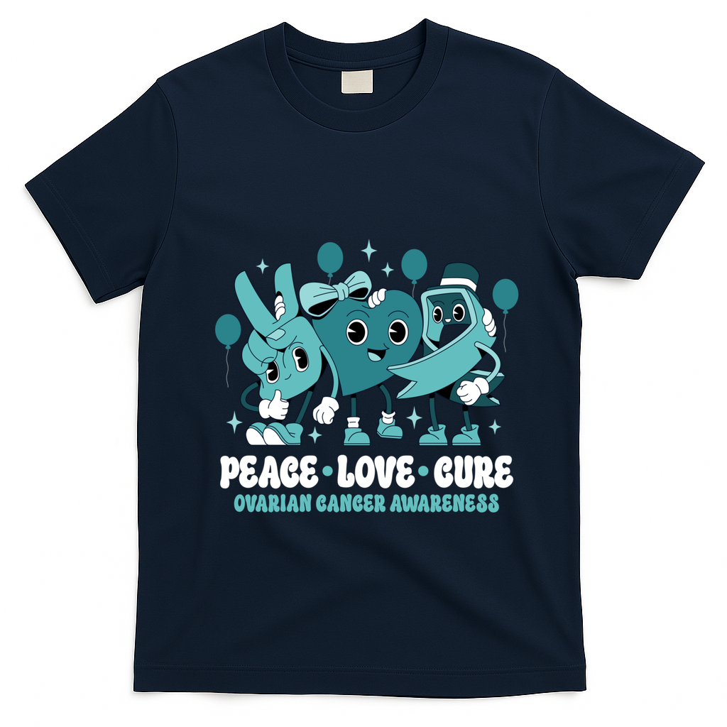 Teal Ribbon Survivor Groovy Ovarian Cancer Awareness Gift T-Shirt - Navy Blue