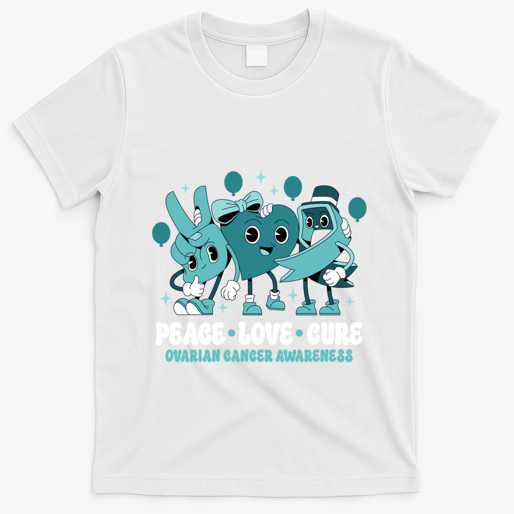 Teal Ribbon Survivor Groovy Ovarian Cancer Awareness Gift T-Shirt - White