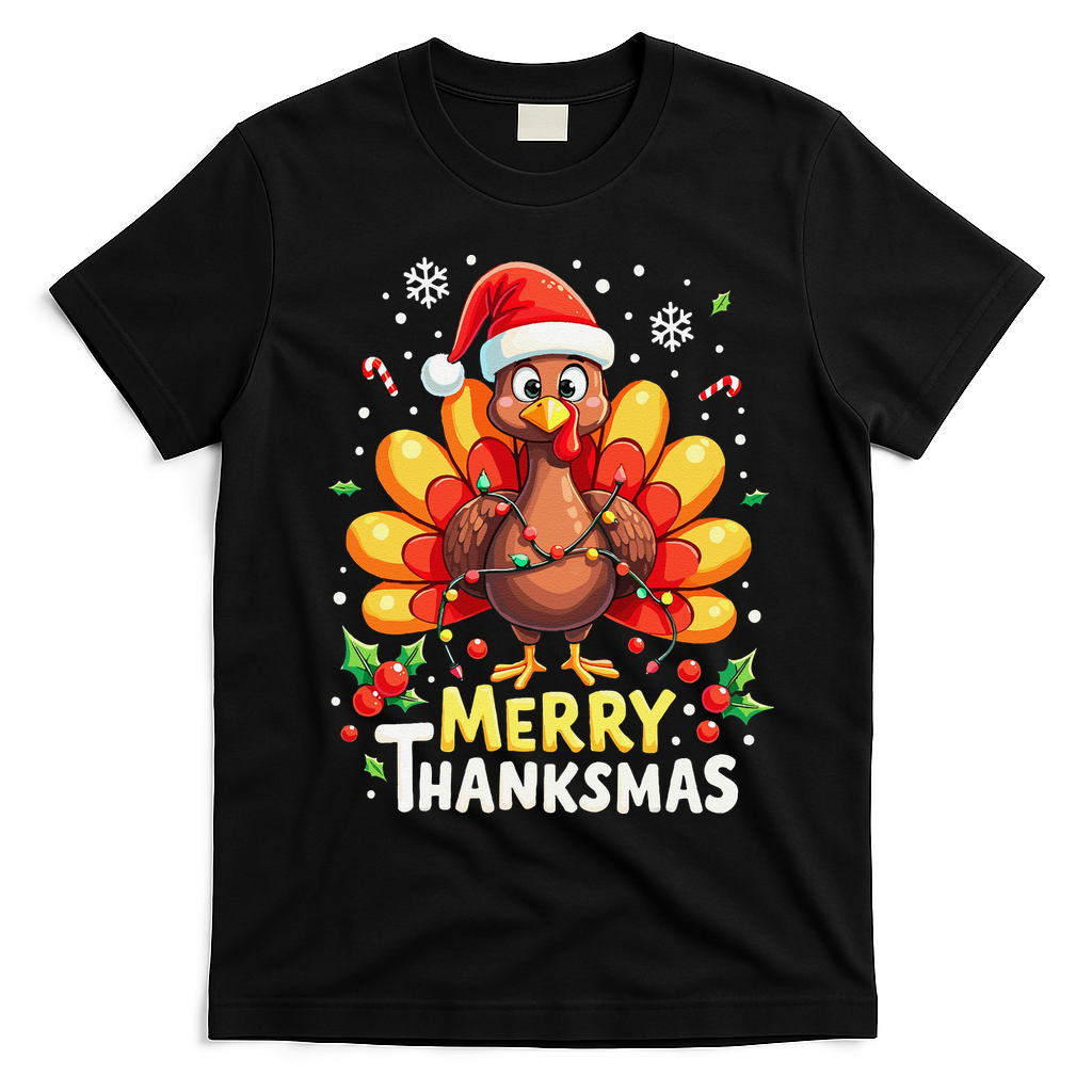 Turkey Santa Happy Merry Thanksmas Thanksgiving Christmas T-Shirt - Black