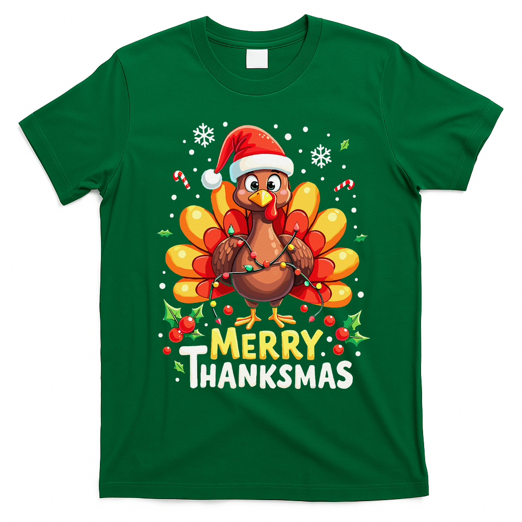 Turkey Santa Happy Merry Thanksmas Thanksgiving Christmas T-Shirt - Irish Green