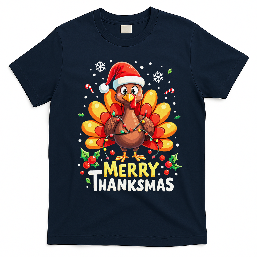 Turkey Santa Happy Merry Thanksmas Thanksgiving Christmas T-Shirt - Navy Blue