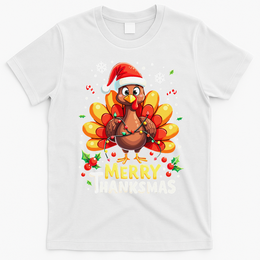 Turkey Santa Happy Merry Thanksmas Thanksgiving Christmas T-Shirt - White