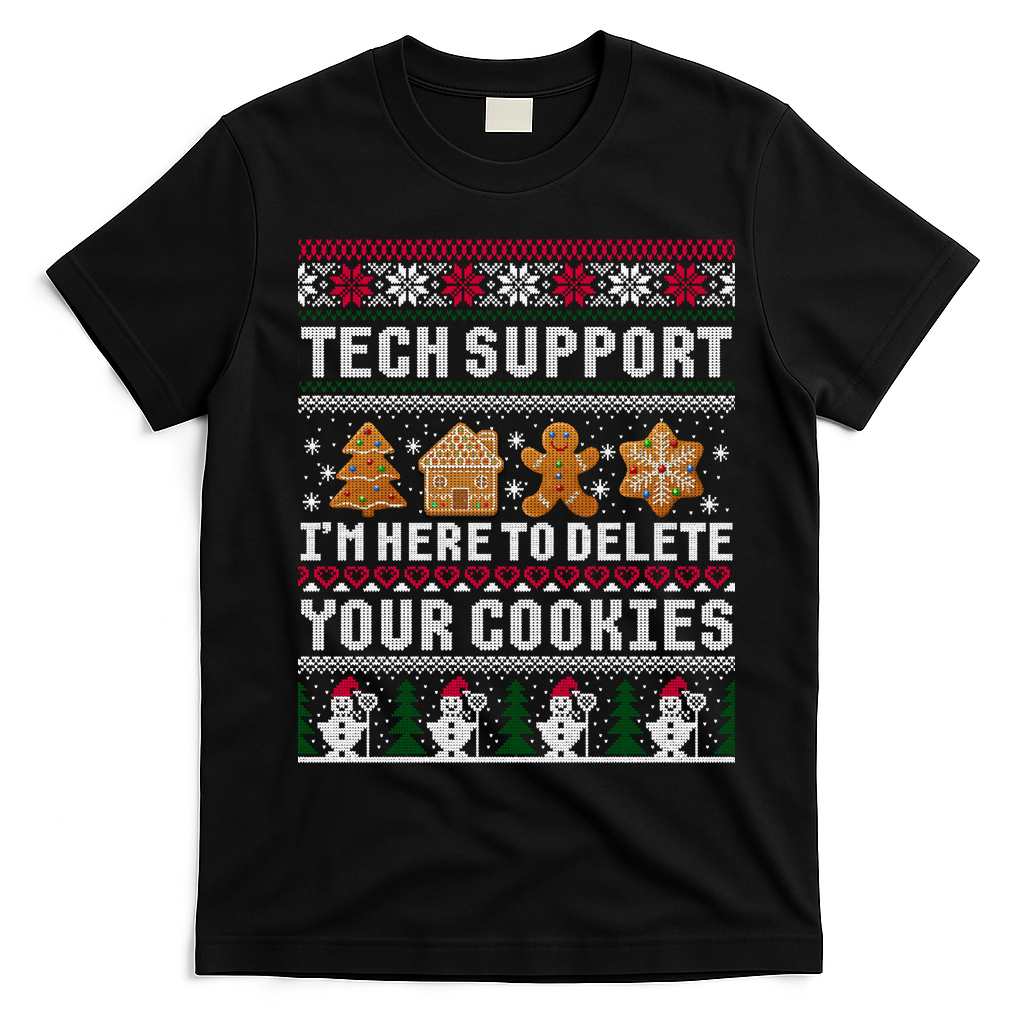 Tech Support I Am Here To Delete Your Cookies Funny Ugly Christmas T-Shirt - Black