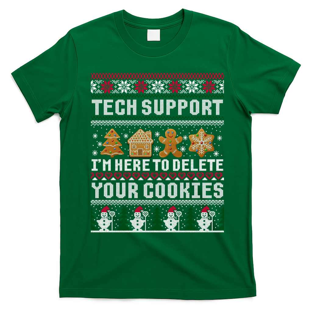 Tech Support I Am Here To Delete Your Cookies Funny Ugly Christmas T-Shirt - Irish Green