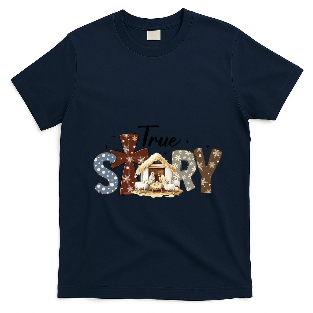 True Story Nativity Christmas Jesus Faith Based Christmas Gift T-Shirt - Navy Blue