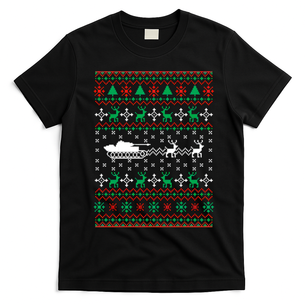 Tank Tanker Panzer Xmas Ugly Christmas T-Shirt - Black