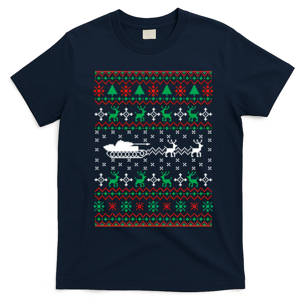 Tank Tanker Panzer Xmas Ugly Christmas T-Shirt - Navy Blue