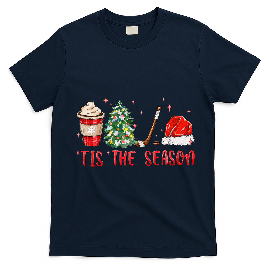 Tis The Season Hockey Christmas Hockey Xmas Tree Ice Hockey T-Shirt - Navy Blue