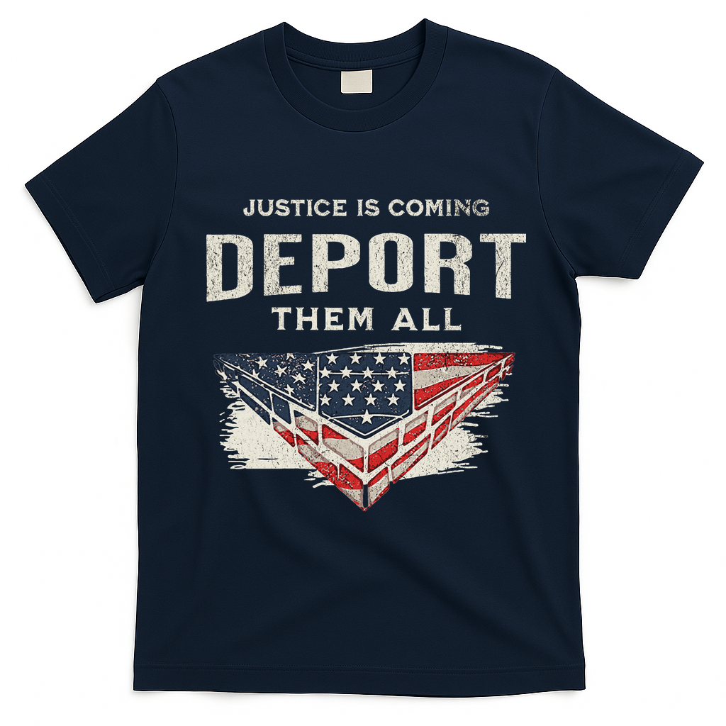 Trump Won 2024 Justice Is Coming Deport Them All Wall T-Shirt - Navy Blue