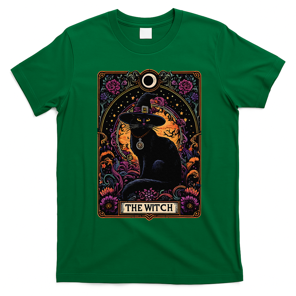 The Witch Cat Tarot Card Halloween Vintage Gothic T-Shirt - Irish Green