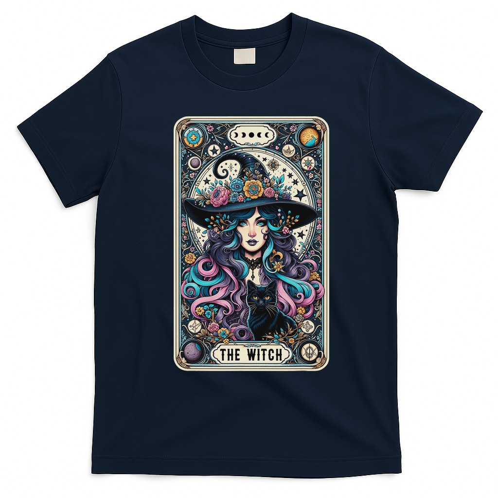 The Witch Cat Tarot Card Witch Vintage Gothic Halloween T-Shirt - Navy Blue