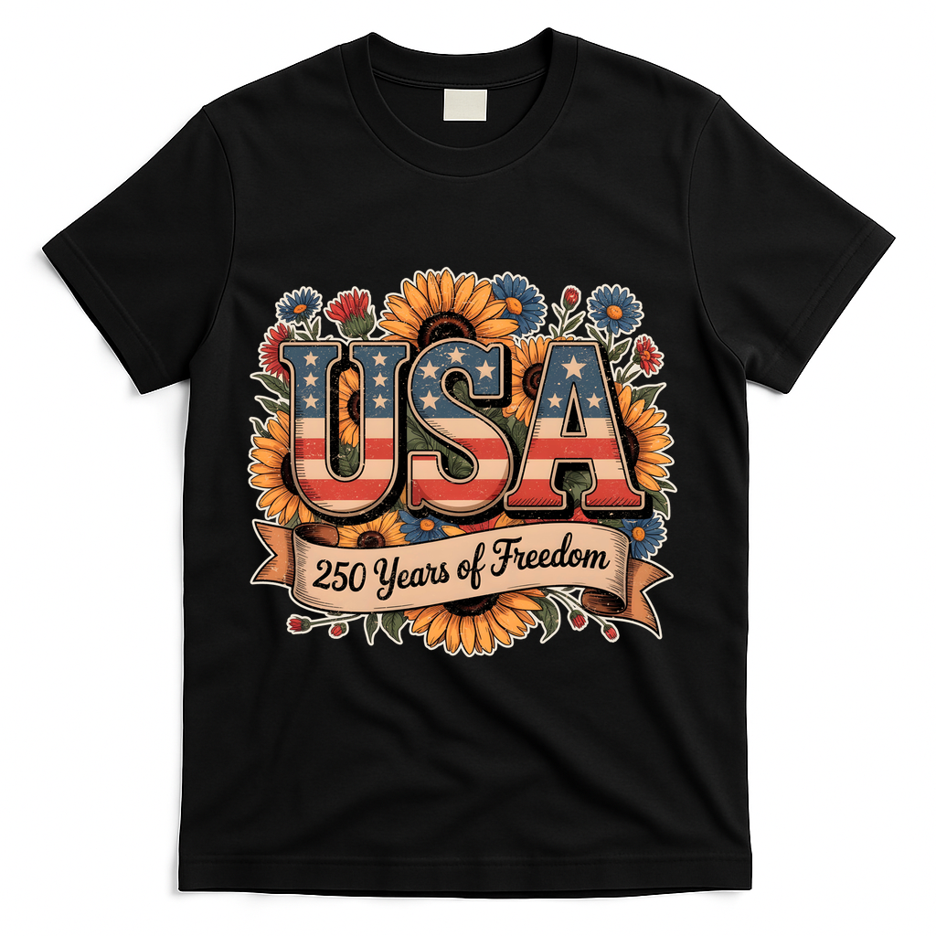USA 250 Year Of Freedom Sunflowers T-Shirt - Black