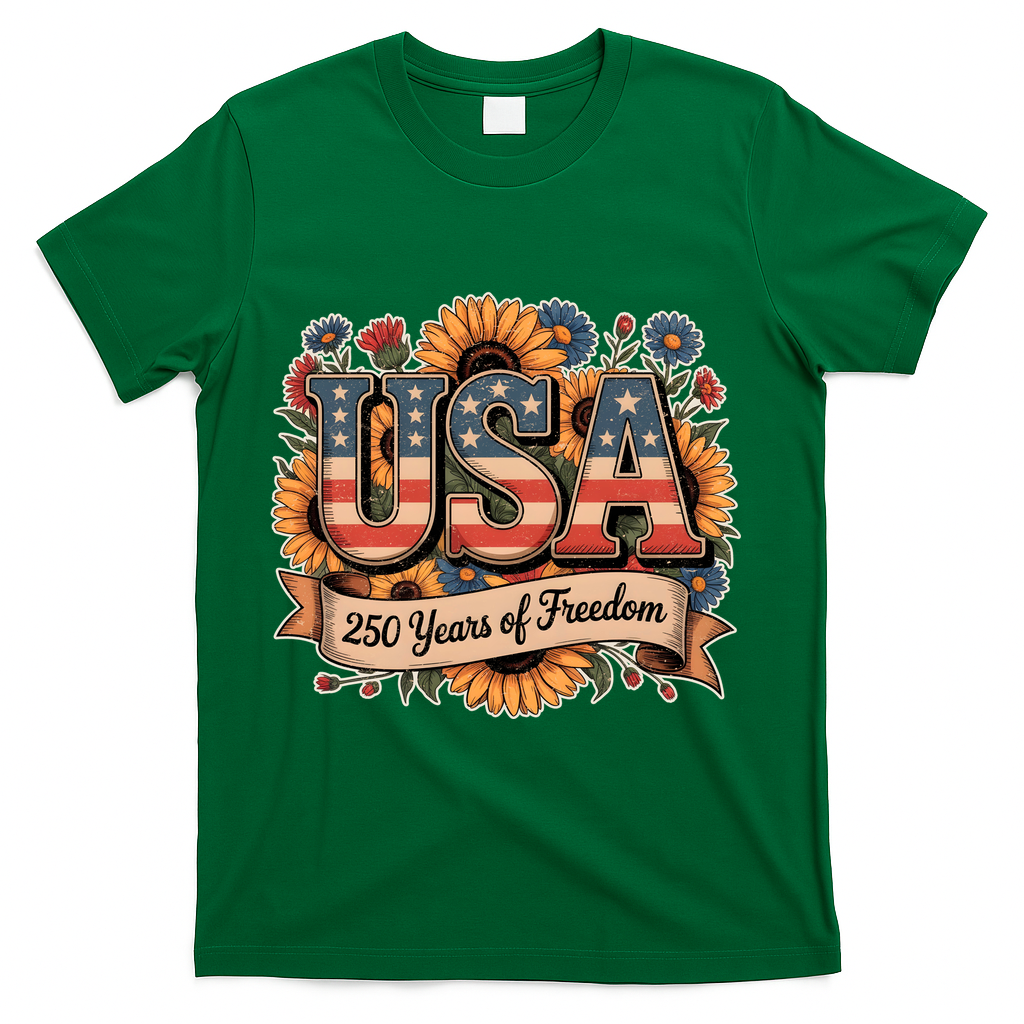 USA 250 Year Of Freedom Sunflowers T-Shirt - Green