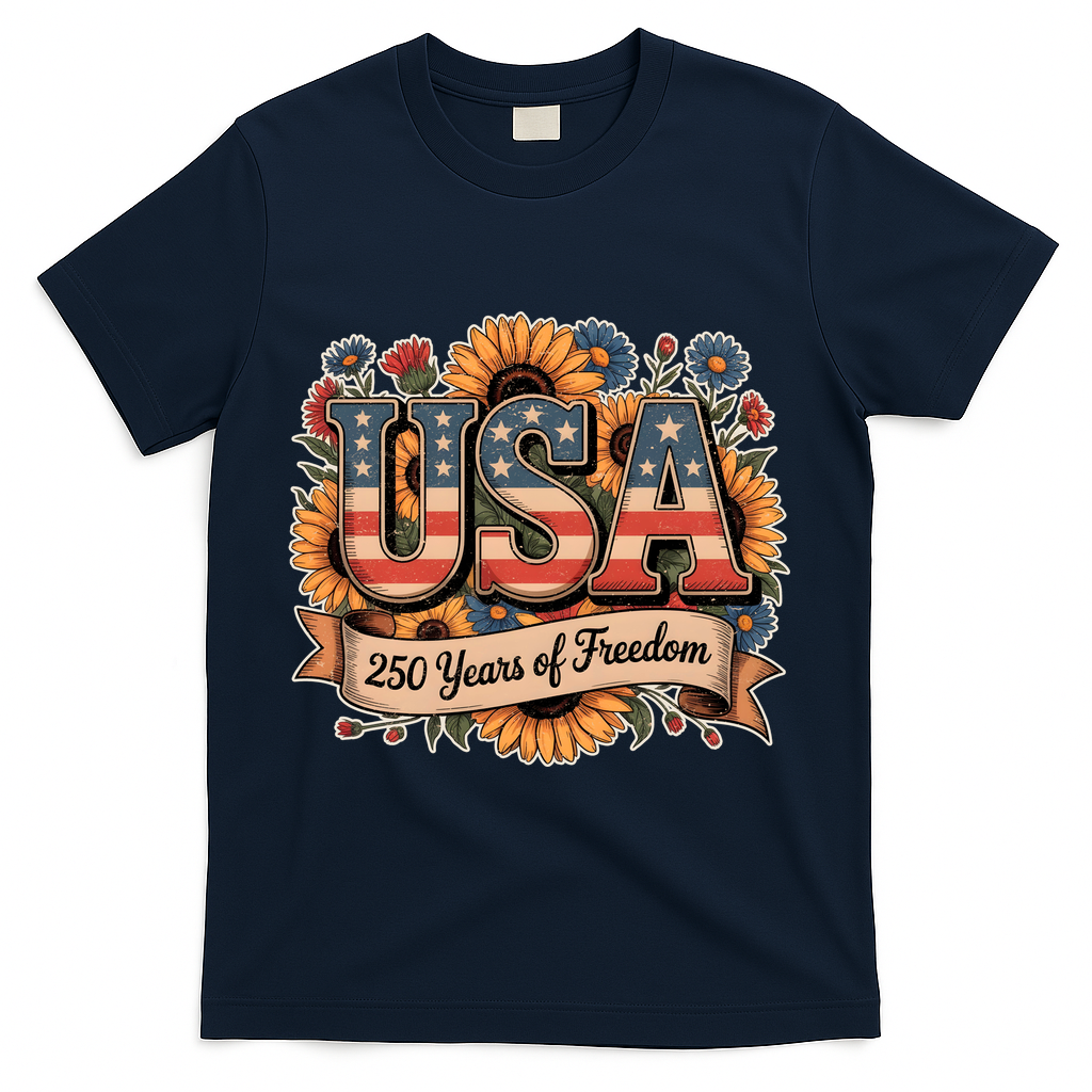 USA 250 Year Of Freedom Sunflowers T-Shirt - Navy