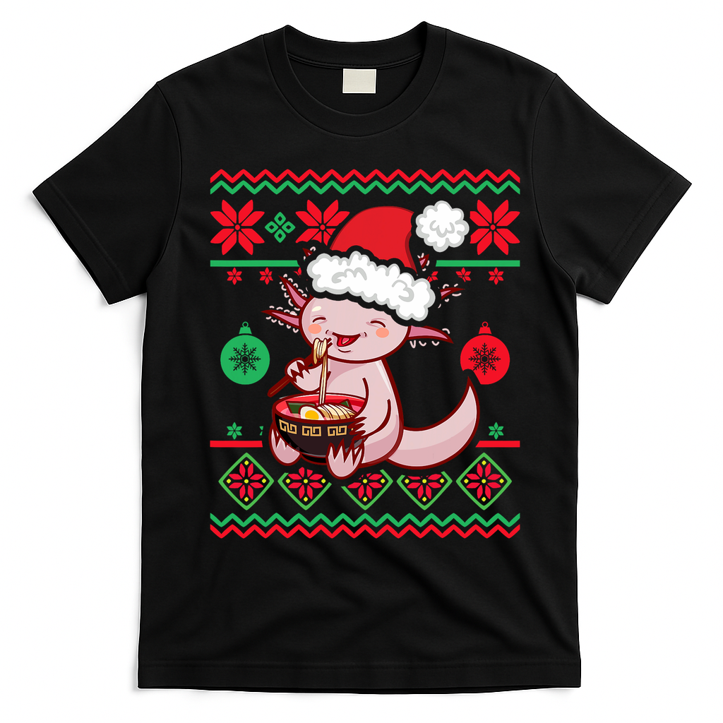 Ugly Anime Christmas Sweater Kawaii Axolotl Eating Ramen T-Shirt - Black