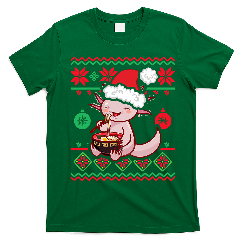 Ugly Anime Christmas Sweater Kawaii Axolotl Eating Ramen T-Shirt - Irish Green