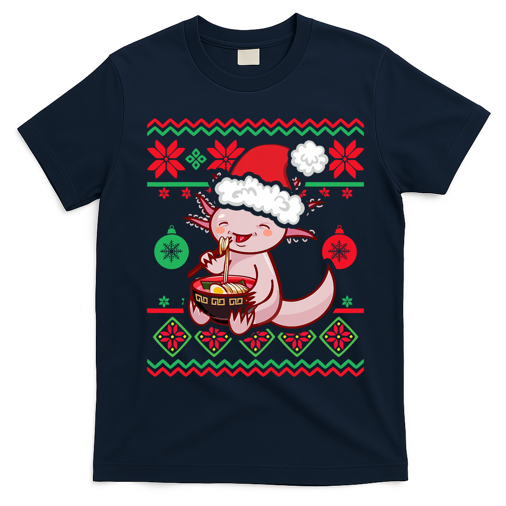 Ugly Anime Christmas Sweater Kawaii Axolotl Eating Ramen T-Shirt - Navy Blue