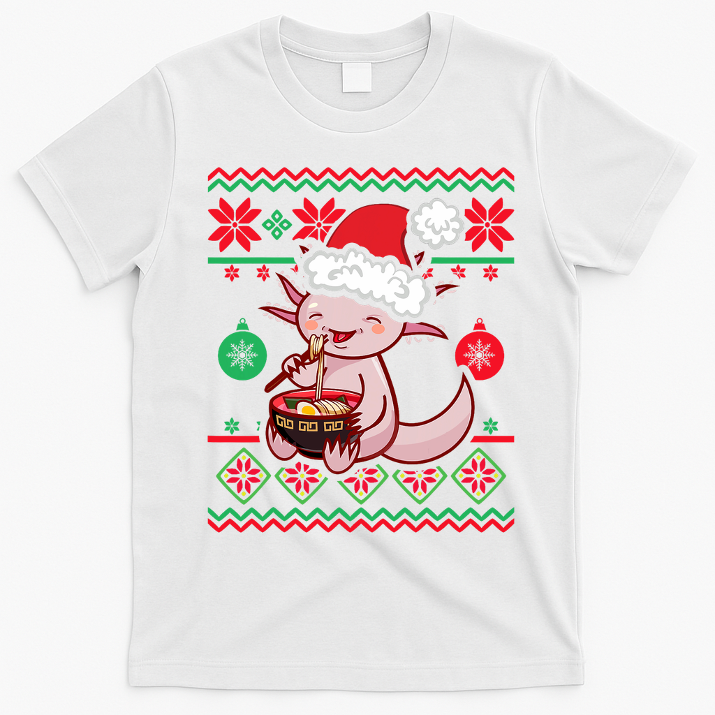 Ugly Anime Christmas Sweater Kawaii Axolotl Eating Ramen T-Shirt - White