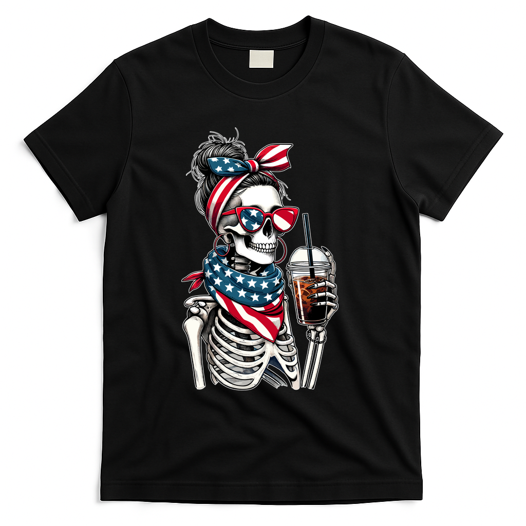 USA America Flag Skeleton Lady Coffee Lover T-Shirt - Black