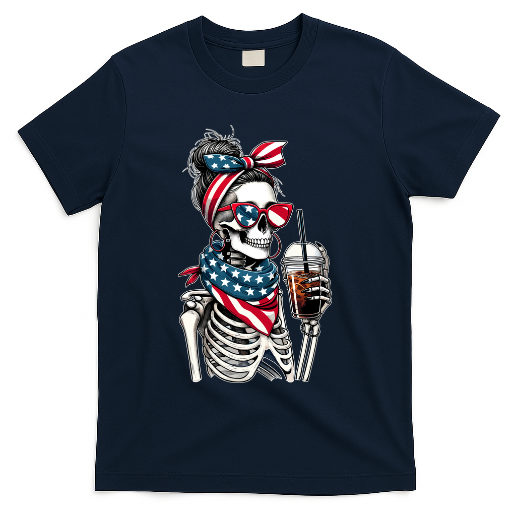 USA America Flag Skeleton Lady Coffee Lover T-Shirt - Navy