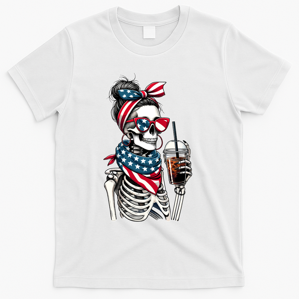 USA America Flag Skeleton Lady Coffee Lover T-Shirt - White