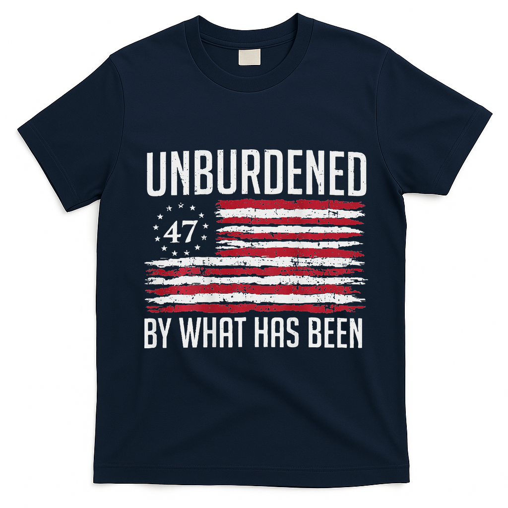 Unburdened By What Has Been Trump 47 Retro Us Flag T-Shirt - Navy Blue