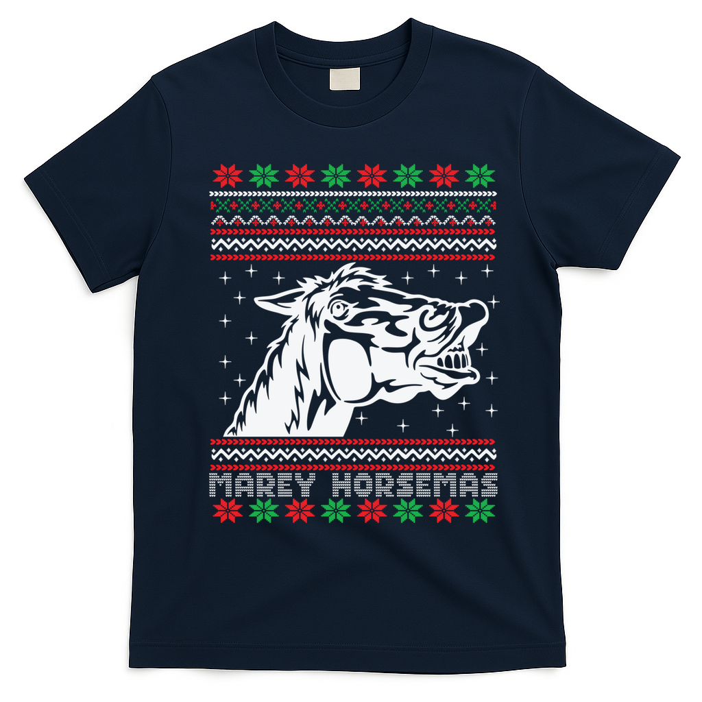 Ugly Christmas Horse Marey Horsemas Xmas Cute Gift T-Shirt - Navy Blue