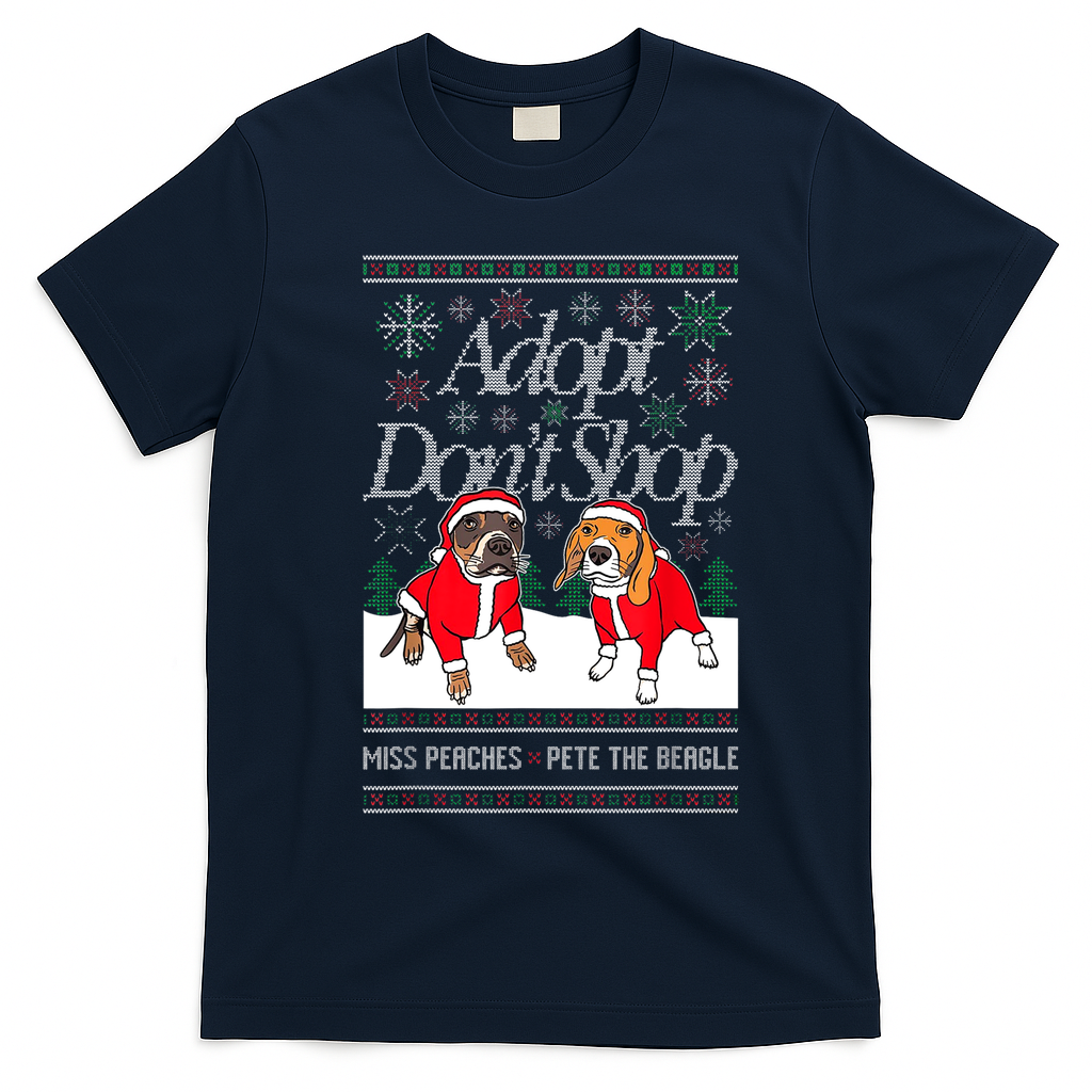 Ugly Christmas Miss Peaches & Pete The Beagle Funny Xmas Gift T-Shirt - Navy Blue