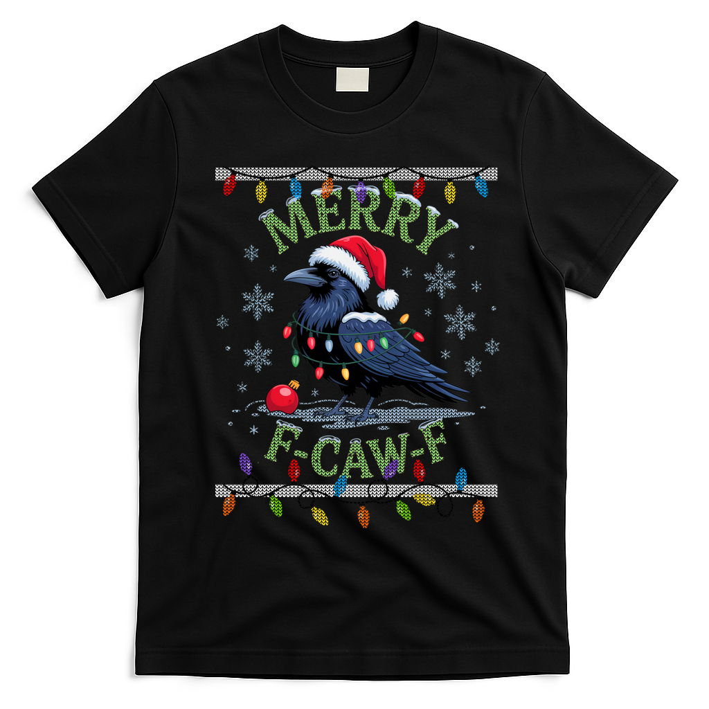 Ugly Christmas Sweater Merry F CAW F Crow T-Shirt - Black