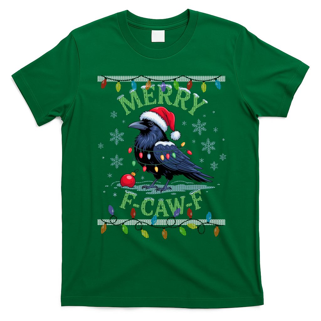 Ugly Christmas Sweater Merry F CAW F Crow T-Shirt - Irish Green