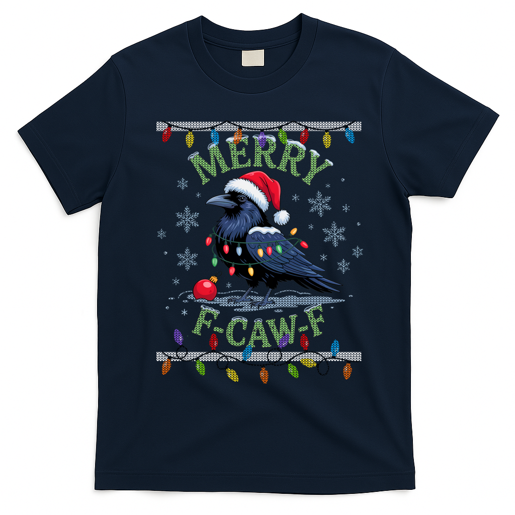 Ugly Christmas Sweater Merry F CAW F Crow T-Shirt - Navy Blue