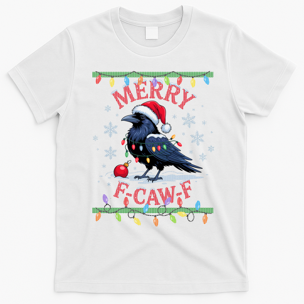 Ugly Christmas Sweater Merry F CAW F Crow T-Shirt - White
