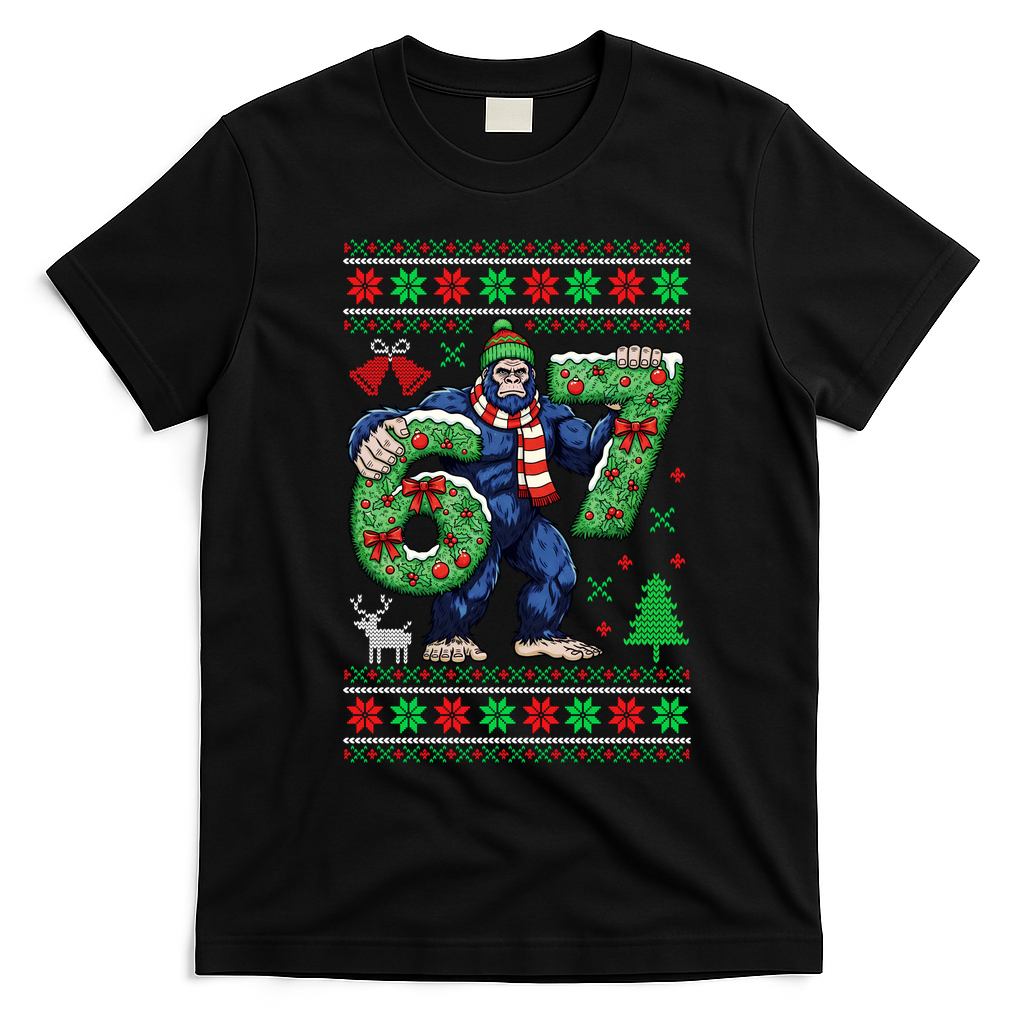Ugly Christmas Sweater 6-7 Meme Bigfoot Santa 67 T-Shirt - Black