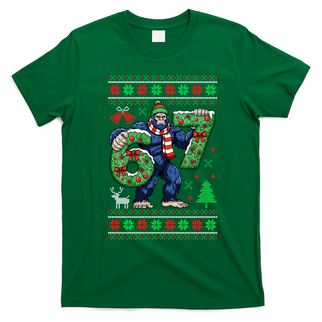 Ugly Christmas Sweater 6-7 Meme Bigfoot Santa 67 T-Shirt - Irish Green