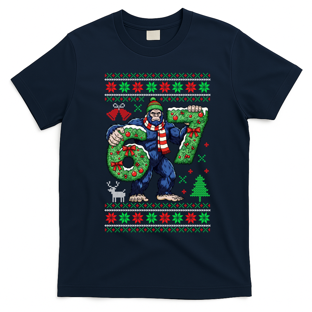 Ugly Christmas Sweater 6-7 Meme Bigfoot Santa 67 T-Shirt - Navy Blue