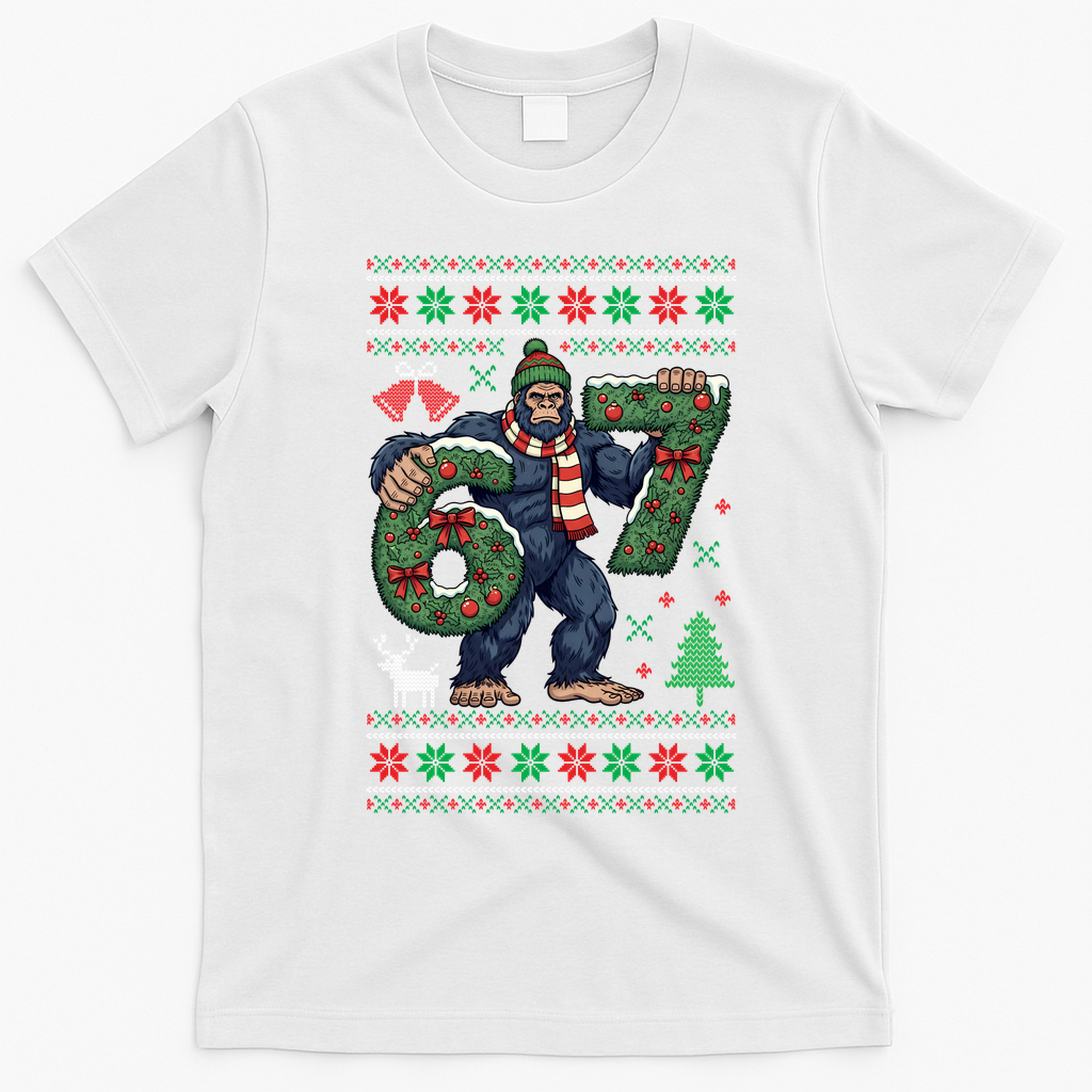 Ugly Christmas Sweater 6-7 Meme Bigfoot Santa 67 T-Shirt - White