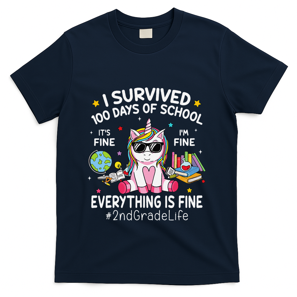 Unicorn I Survived 100 Days Of School Its Fine 2nd Grade T-Shirt - Navy