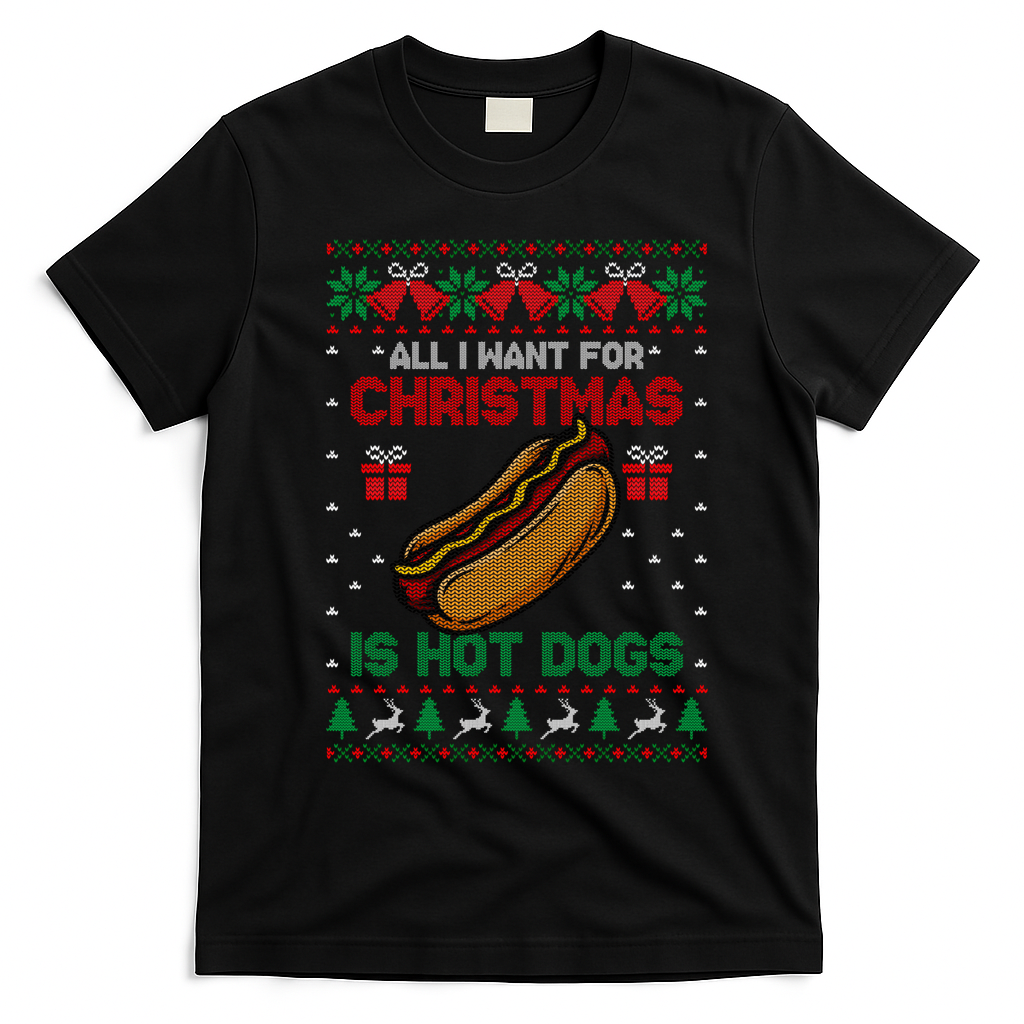 Ugly Sweater All I Want For Christmas Is Hot Dogs Holiday Sweatshirt T-Shirt - Black