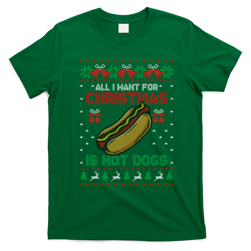 Ugly Sweater All I Want For Christmas Is Hot Dogs Holiday Sweatshirt T-Shirt - Irish Green