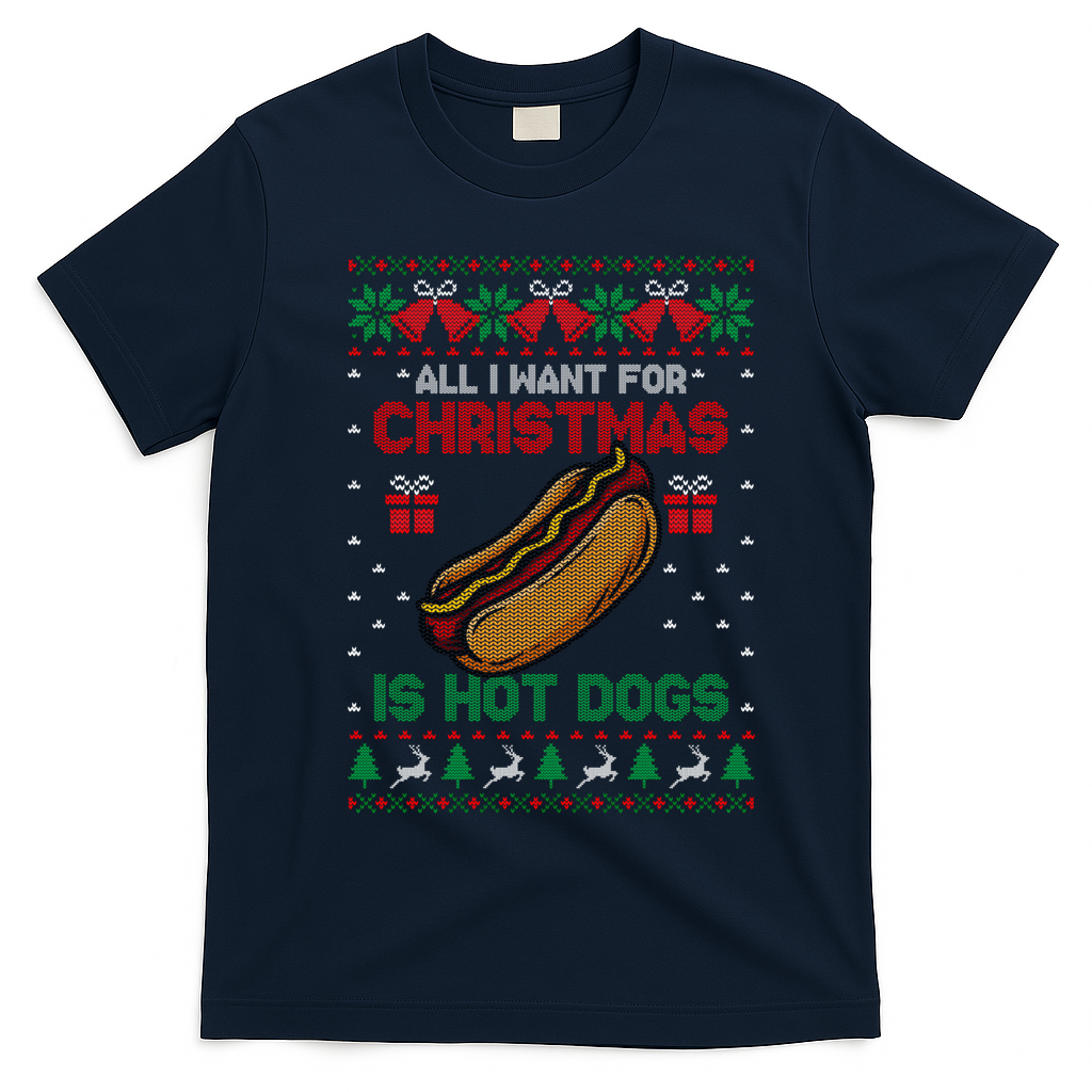 Ugly Sweater All I Want For Christmas Is Hot Dogs Holiday Sweatshirt T-Shirt - Navy Blue
