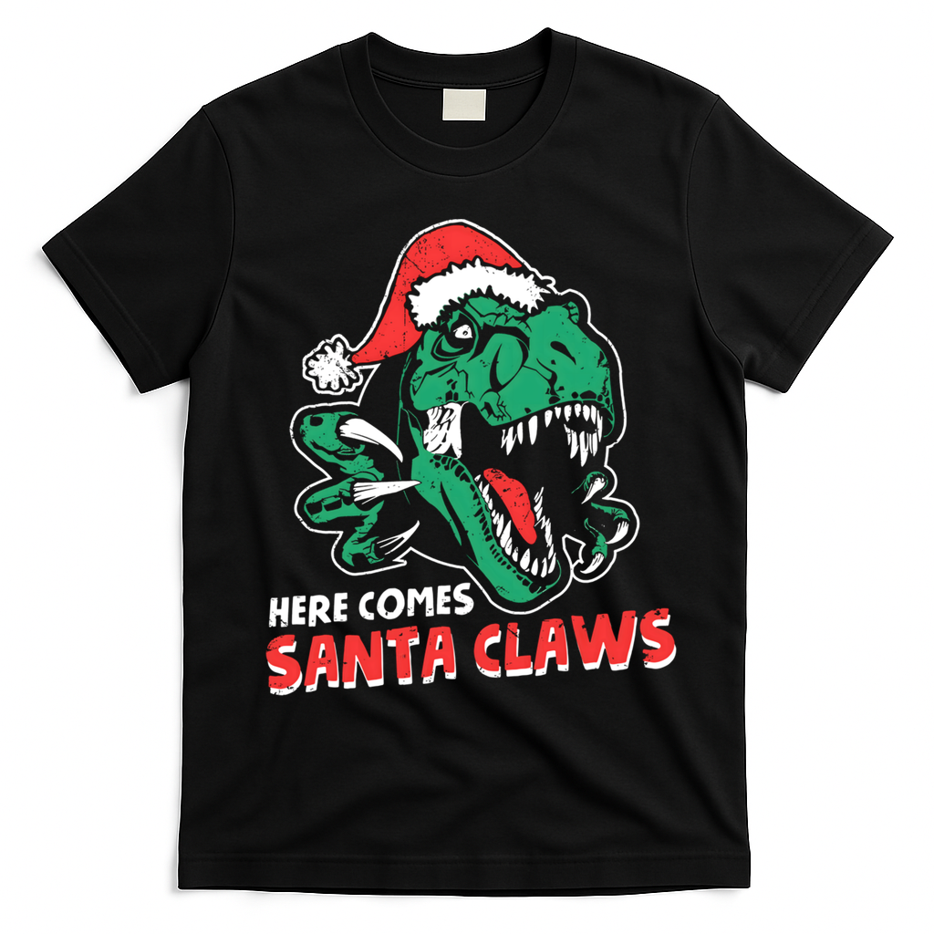 Ugly Xmas Dinosaur Here Comes Santa Claws Claus Gift T-Shirt - Black