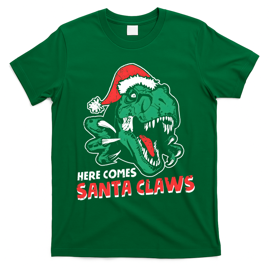 Ugly Xmas Dinosaur Here Comes Santa Claws Claus Gift T-Shirt - Irish Green