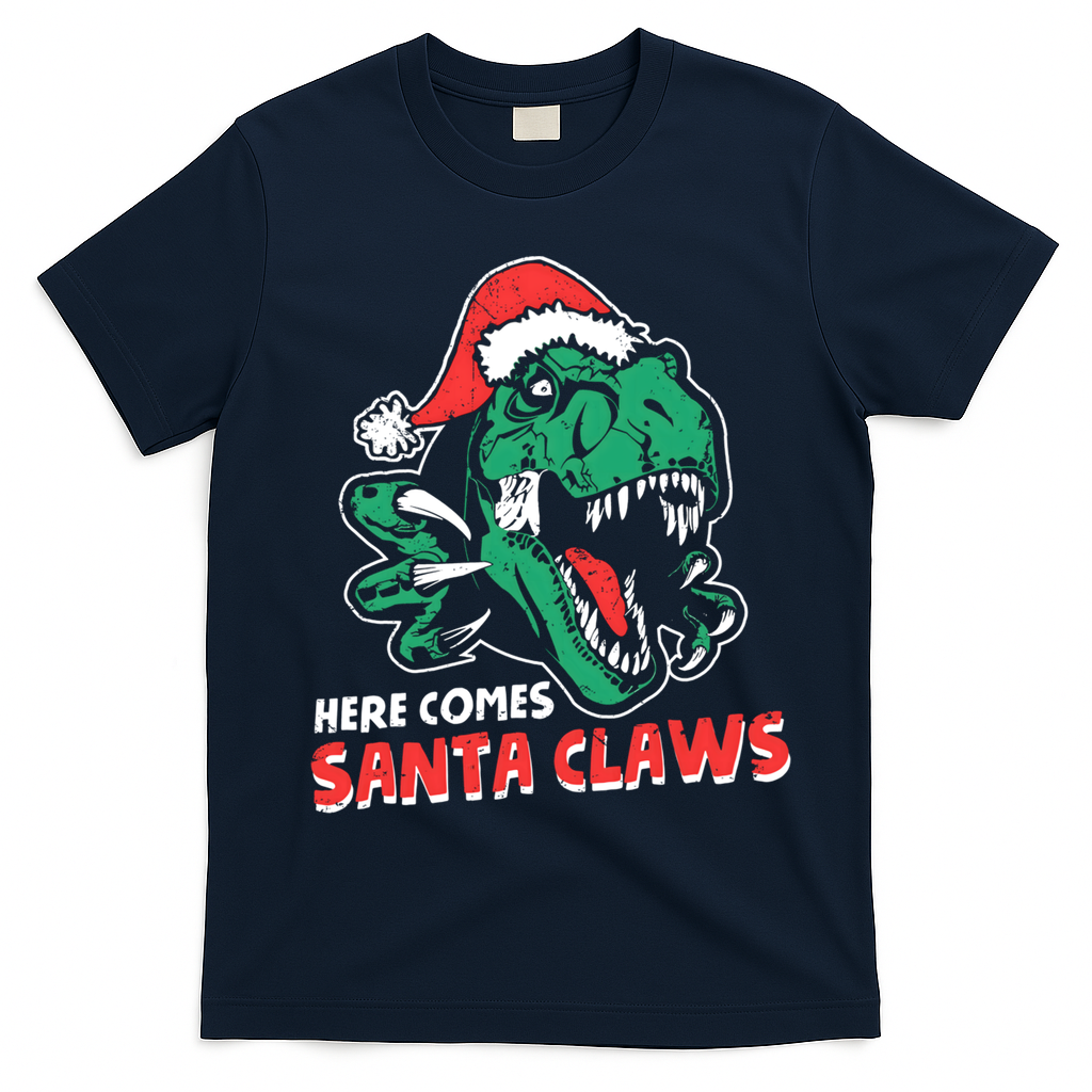 Ugly Xmas Dinosaur Here Comes Santa Claws Claus Gift T-Shirt - Navy Blue