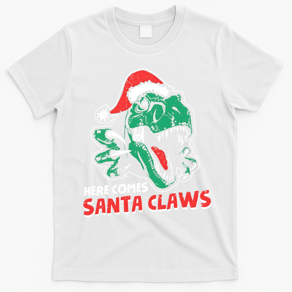 Ugly Xmas Dinosaur Here Comes Santa Claws Claus Gift T-Shirt - White