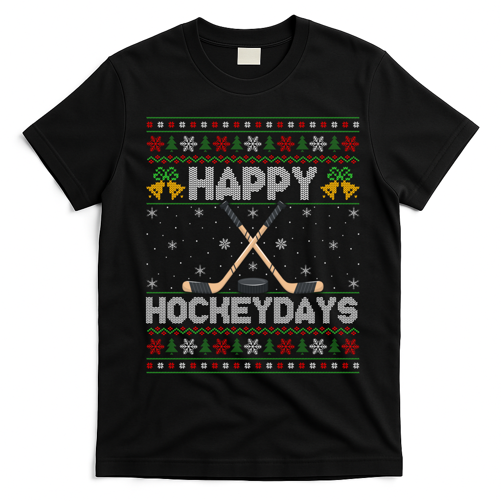 Ugly Xmas Happy Hockeydays Ice Hockey Christmas Great Gift T-Shirt - Black